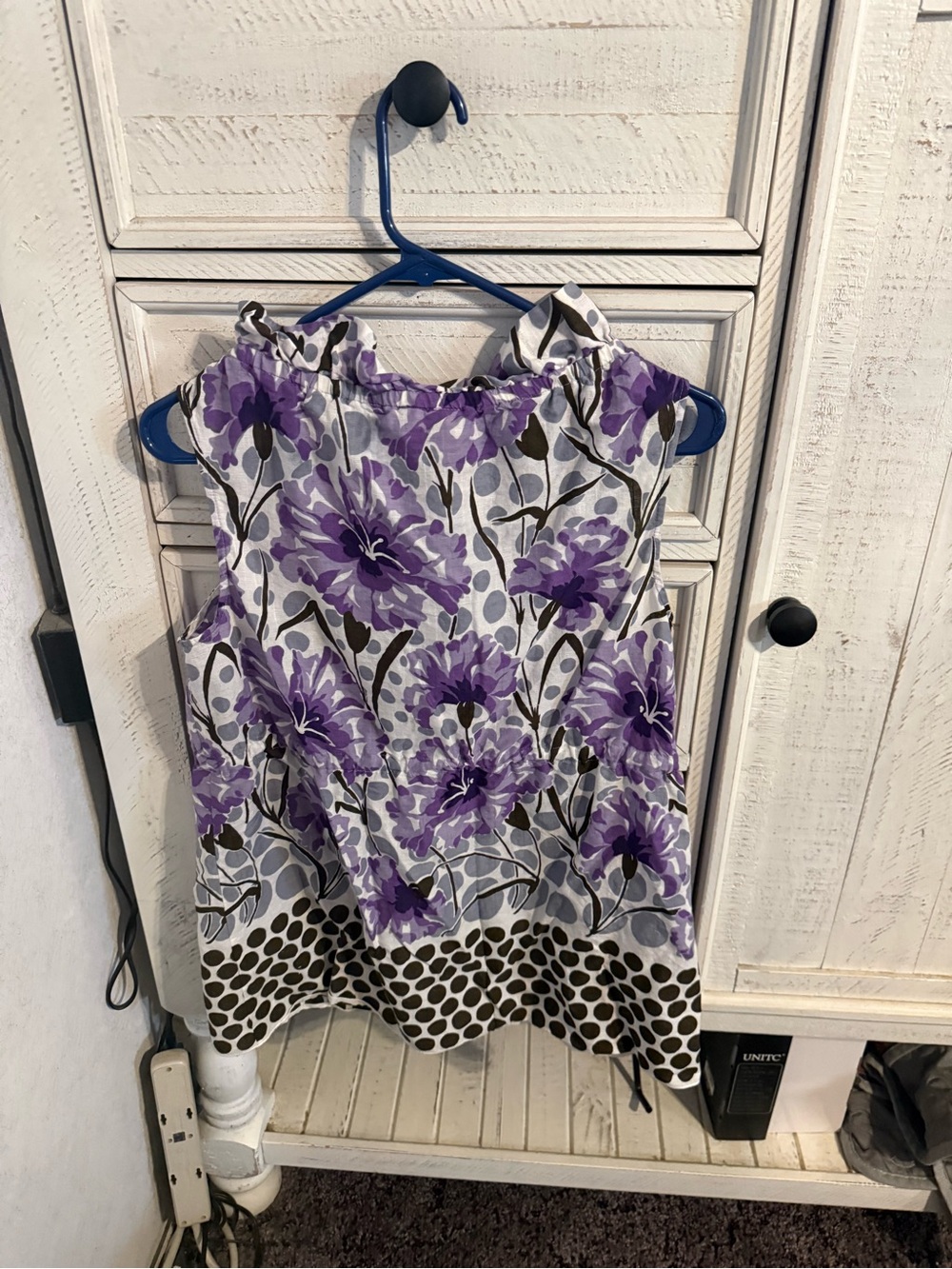 Anna Sui Purple Floral Sleeveless Blouse with Polka-Dot Hem